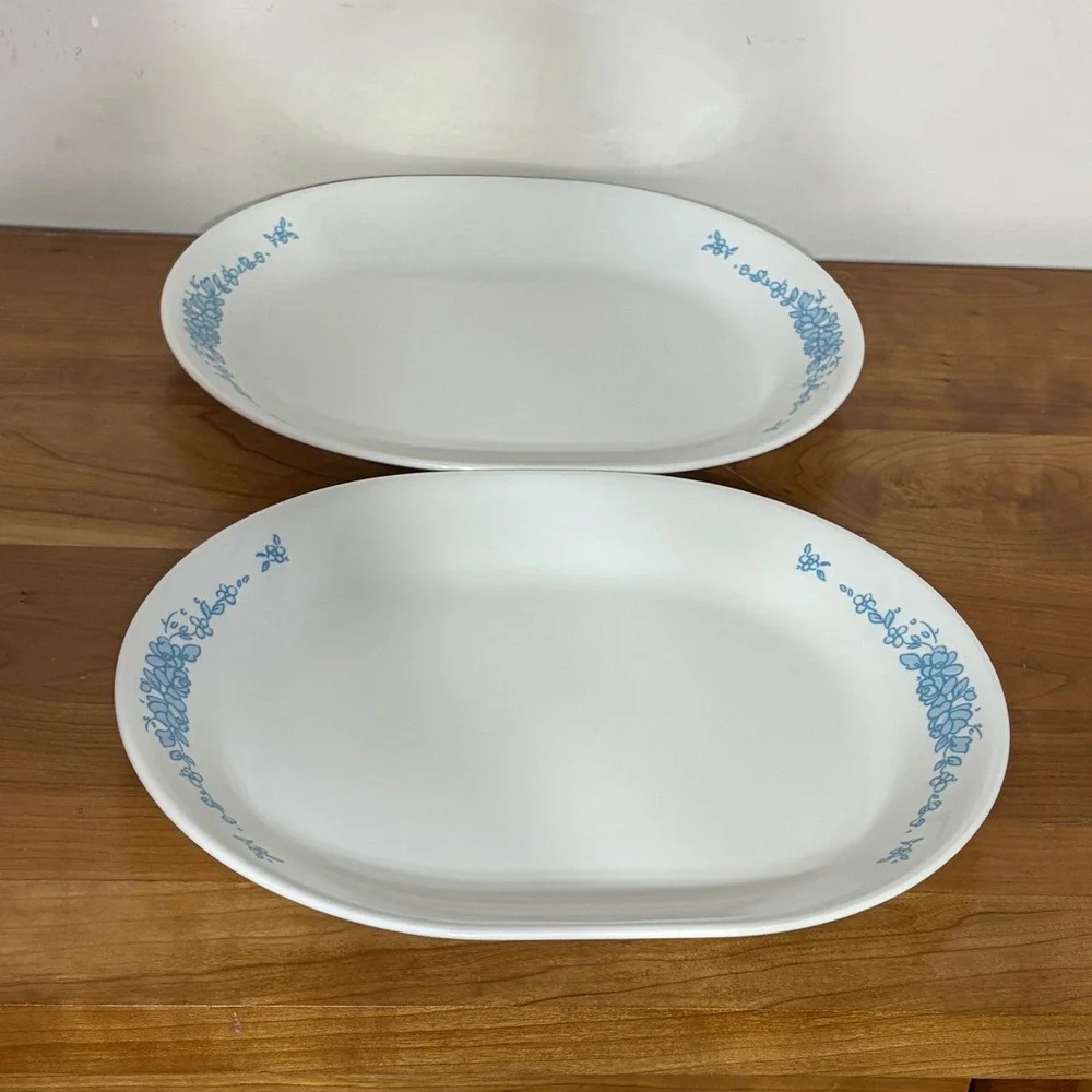 Corelle Country Cornflower Oval Serving Platters Blue Floral Set of 2 USA Made
